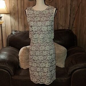 Everly Elegant Mint Green and Lillac Lace Overlay Lined Mini Dress Size S